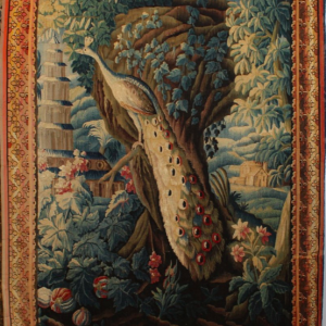 Tapisserie d'Aubusson "Paysage exotique au paon et à La pagode" XVIIIe."