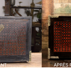 - Restauration complète d'un cabinet portatif indo-portuguais, datant du XVIIIème siècle, orné de marqueterie en teck, ébène et ivoire.