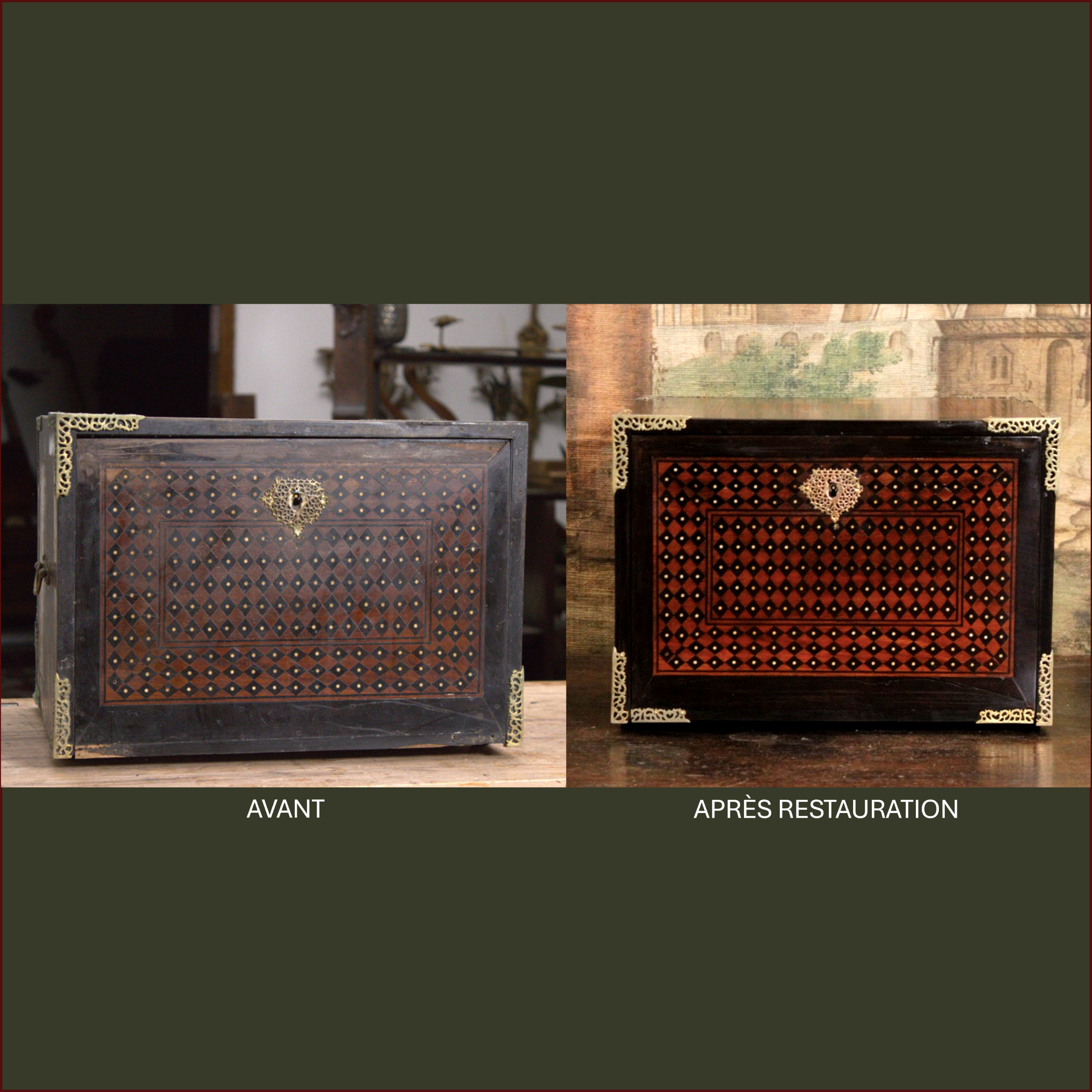 Restauration complète d'un cabinet portatif indo-portuguais, datant du XVIIIème siècle, orné de marqueterie en teck, ébène et ivoire.