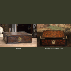 Restauration complète d'un coffret portatif indo-portuguais, ouvrage réalisé à Goa et datant du XVIIème siècle, orné de marqueterie en teck, palissandre et ivoire