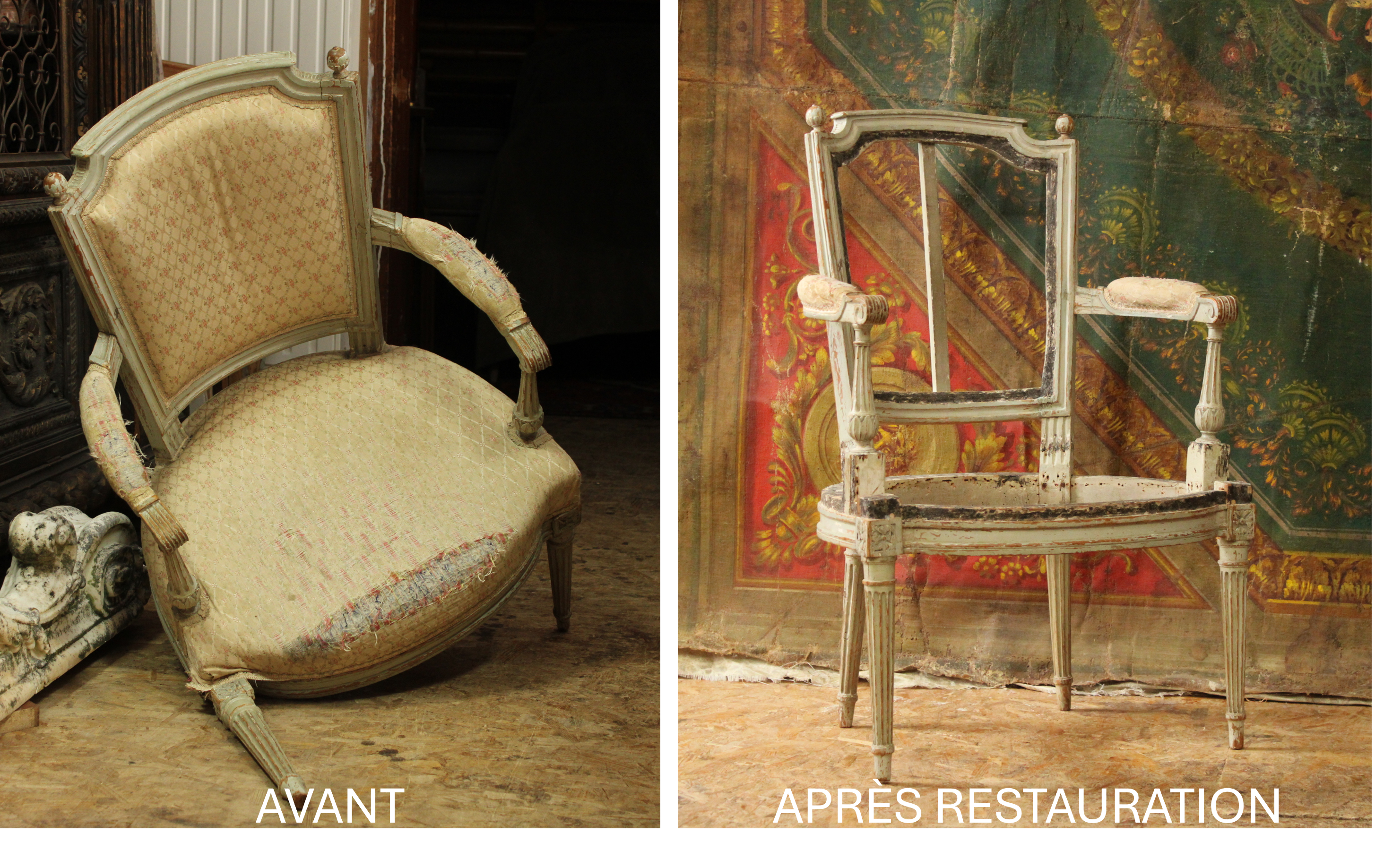 L'avant et après restauration d'un fauteuil sculpté