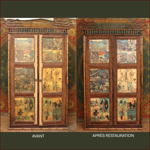 Restauration d'une armoire en bambou et rotin datant de 1900s et enrichie d'estampes japonaises