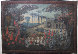 Toile peinte au paysage animé dans le goût des Tapisseries Verdure, début  XIXe siècle