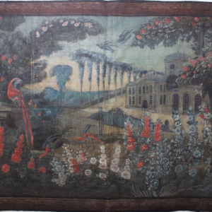 Toile peinte au paysage animé dans le goût des Tapisseries Verdure, début  XIXe siècle