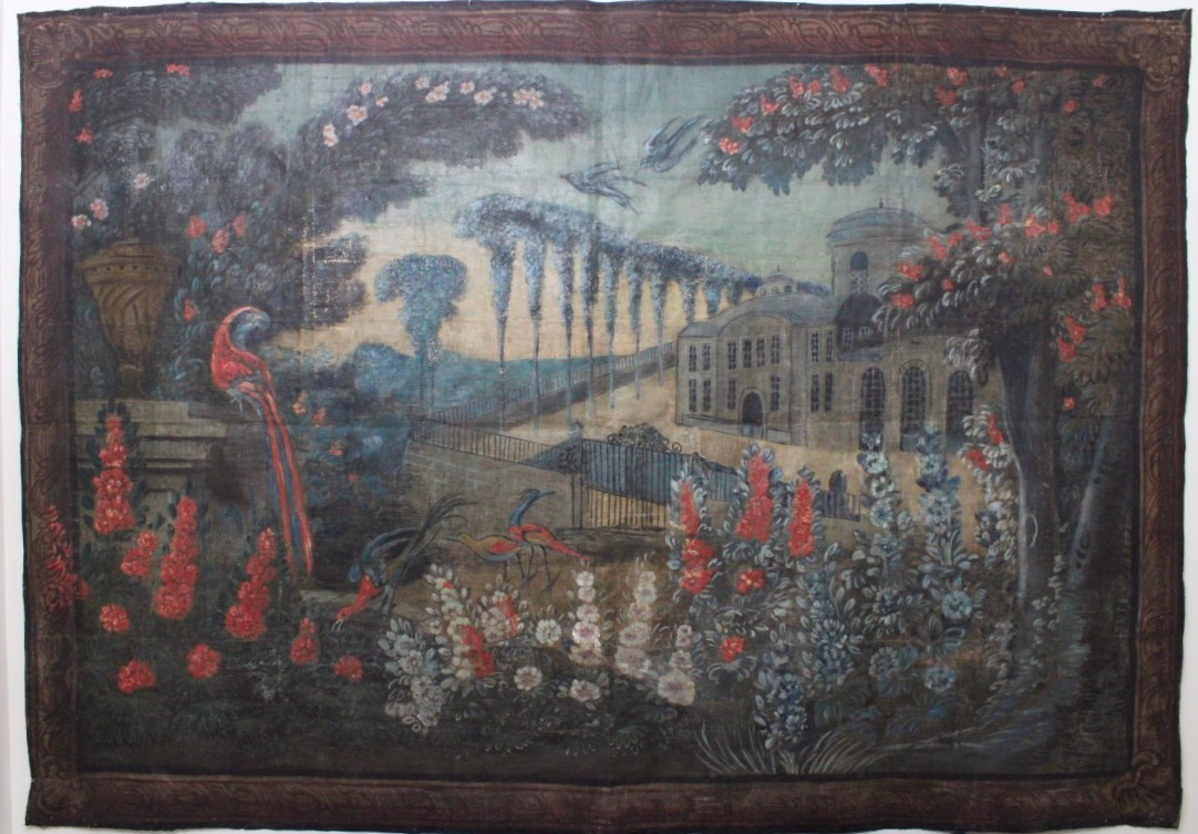 Toile peinte au paysage animé dans le goût des Tapisseries Verdure, début XIXe siècle