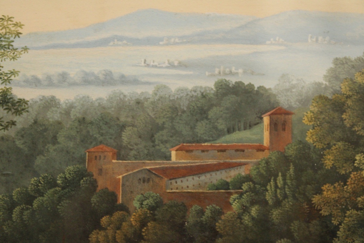 Gouache, paysage d'Arcadie, néoclassique 1ère moitié du XIXe siècle