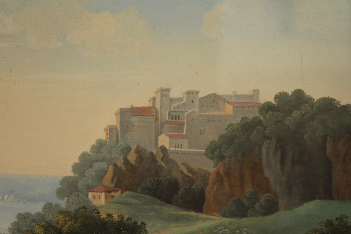 Gouache, paysage d'Arcadie, néoclassique 1ère moitié du XIXe siècle