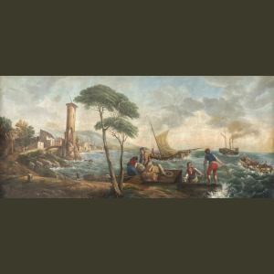 Large toile peinte, marine, retour de pêche, fin XIXe siècle
