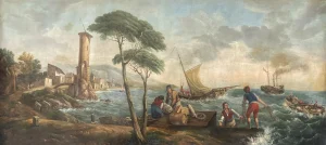Large toile peinte, marine, retour de pêche, fin XIXe siècle