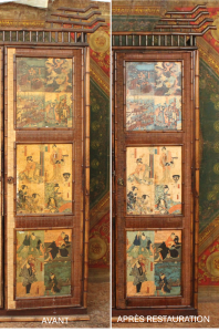 Restauration d'une armoire en bambou et rotin datant de 1900s et enrichie d'estampes japonaises