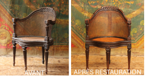 Restauration d'un fauteuil de bureau canné dit 'Couillard' en merisier laqué noir, époque Louis XVI