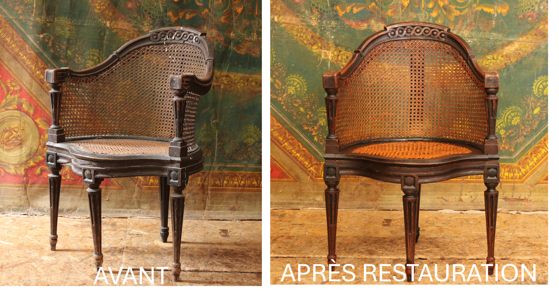 L'avant/après restauration d'un fauteuil de bureau canné dit 'Couillard' en merisier laqué noir, époque Louis XVI