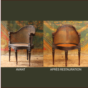 Restauration d'un fauteuil de bureau canné dit 'Couillard' en merisier laqué noir, époque Louis XVI