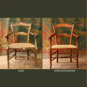 Restauration d'un fauteuil en merisier paillé