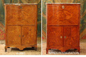 Restauration complète d'un secrétaire d’époque Louis XV en placage de bois de rose
