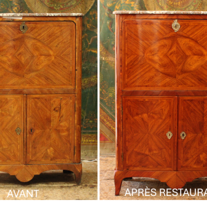 L'avant/après restauration d'un secrétaire d’époque Louis XV en placage de bois de rose