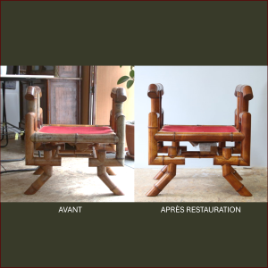 L'avant/après restauration de ce tabouret en bambou Perret & Vibert par notre atelier